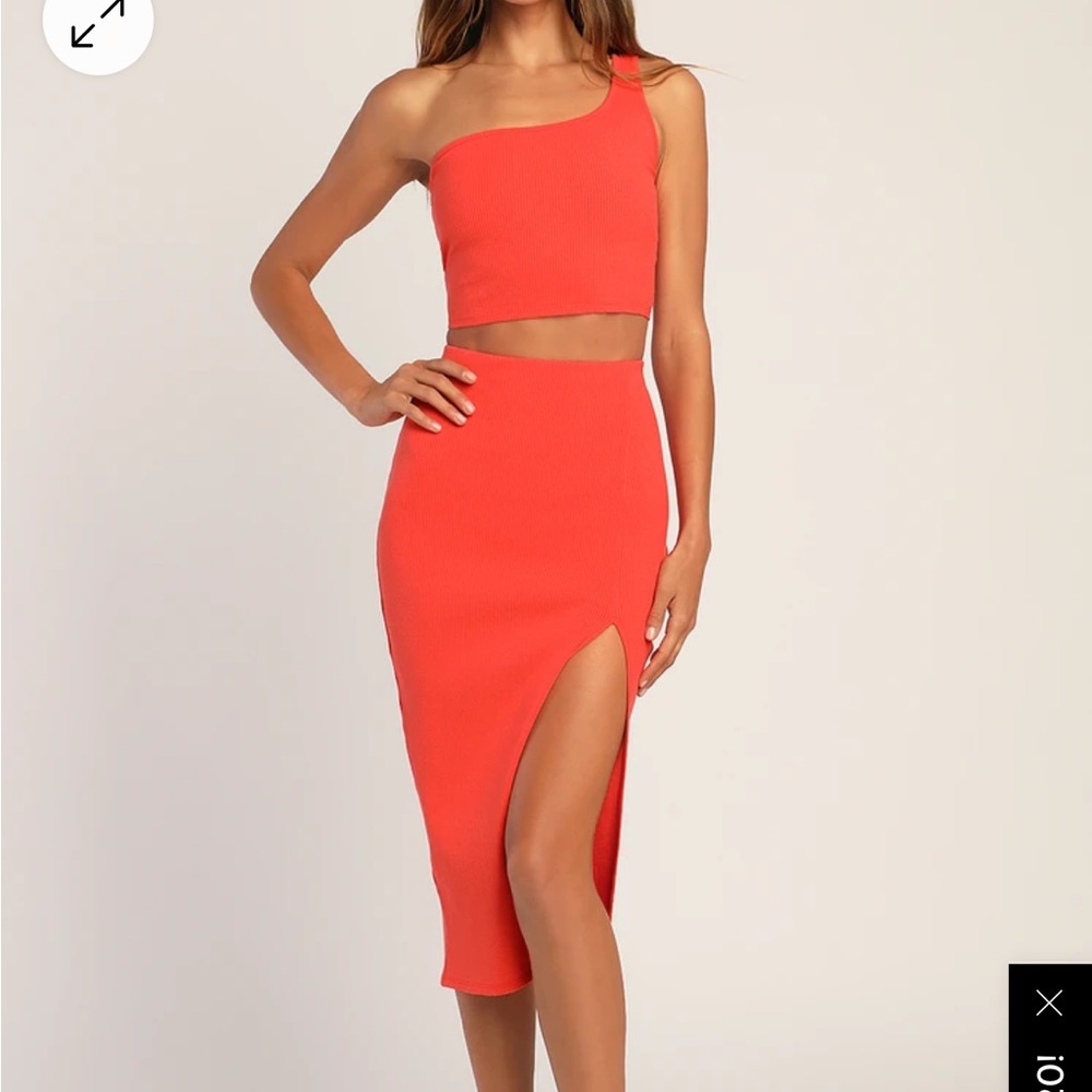 Two piece skirt set with one shoulder crop top in coral